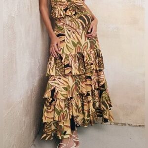 Zara Linen blend ruffled printed midi skirt